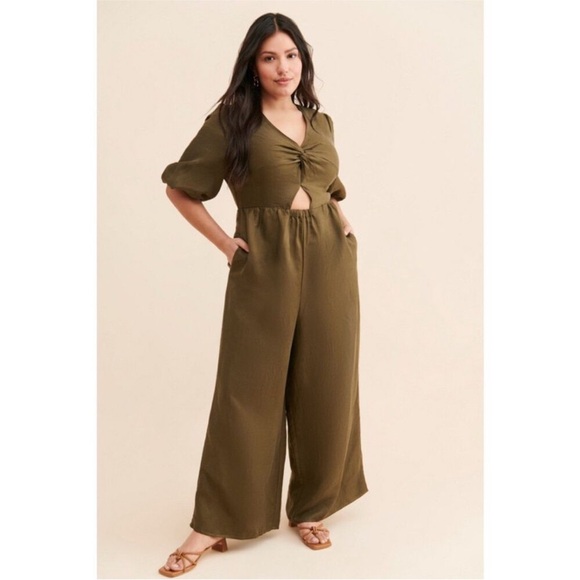 Anthropologie x Sancia the Aida Jumpsuit Keyhole Puff-sleeve Olive Green size L - Picture 4 of 7